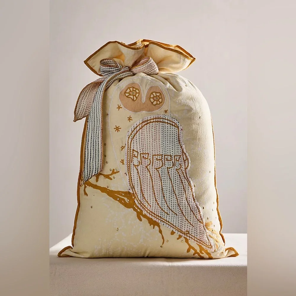 New FP One by Free People Perfect Present Beaded Owl Yellow Gift Sack Bag Sham